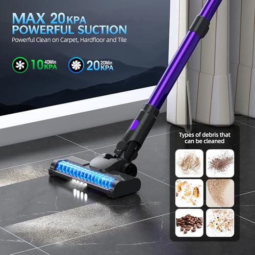 20KPA Cordless Stick Vacuum Cleaner with LED Show, 6-in-1 Light-weight Design, 2 Cleansing Modes, and 40-Minute Removable Battery for Dwelling Laborious Flooring