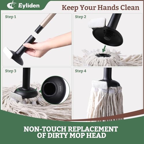 Eyliden Adjustable String Mop with 2 Reusable Mop Heads, Touchless Alternative, Cotton Mops for Flooring Cleansing, Mild Absorbent Traditional Mop for Tile, Concrete, and Wooden Flooring