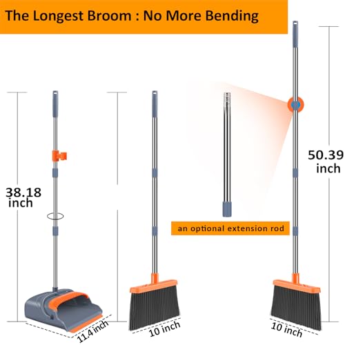 Kelamayi Enhanced Broom and Dustpan Set, Self-Cleansing with Dustpan Tooth, Excellent for Indoor and Outside Sweeping, Nice for Properties with Canine and Cats, Stand-Up Design (Grey &...