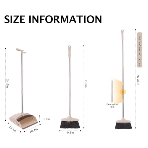 Lengthy Deal with Broom and Dustpan Set - Light-weight Stainless Metal Poles, Upright Dustpan, Broom Combo for House, Kitchen, Workplace, and Pet Hair, Brown & Beige, Single Pack