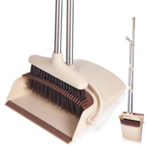 Lengthy Deal with Broom and Dustpan Set – Light-weight Stainless Metal Poles, Upright Dustpan, Broom Combo for House, Kitchen, Workplace, and Pet Hair, Brown & Beige, Single Pack