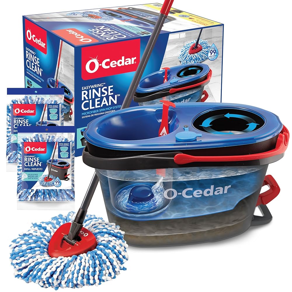 O-Cedar RinseClean Spin Mop & Bucket Set with 2 Bonus Mop Heads | Clear with Recent Water | Eliminates 99% of Micro organism